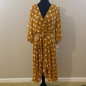 Polka Dot Faux Wrap Dress in Mustard